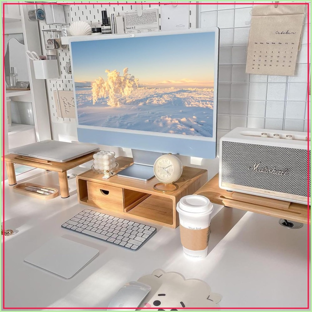 Laptop Stand Bamboo - Dual Monitor Stand Riser with Drawer,