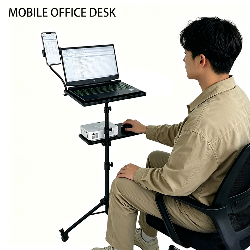 Laptop Stand Bamboo - Wheel Mobile Tripod Adjustable Stable Portable